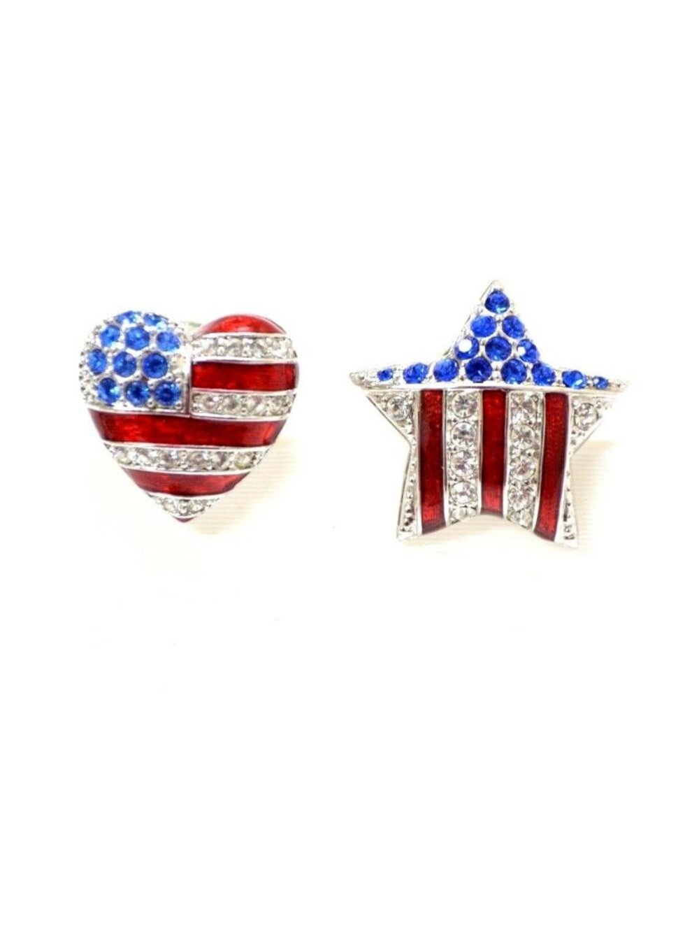 Patriotic Rhinestone Pin Lot of 2 American Heart Star Lapel Hat Bag Silver Tone